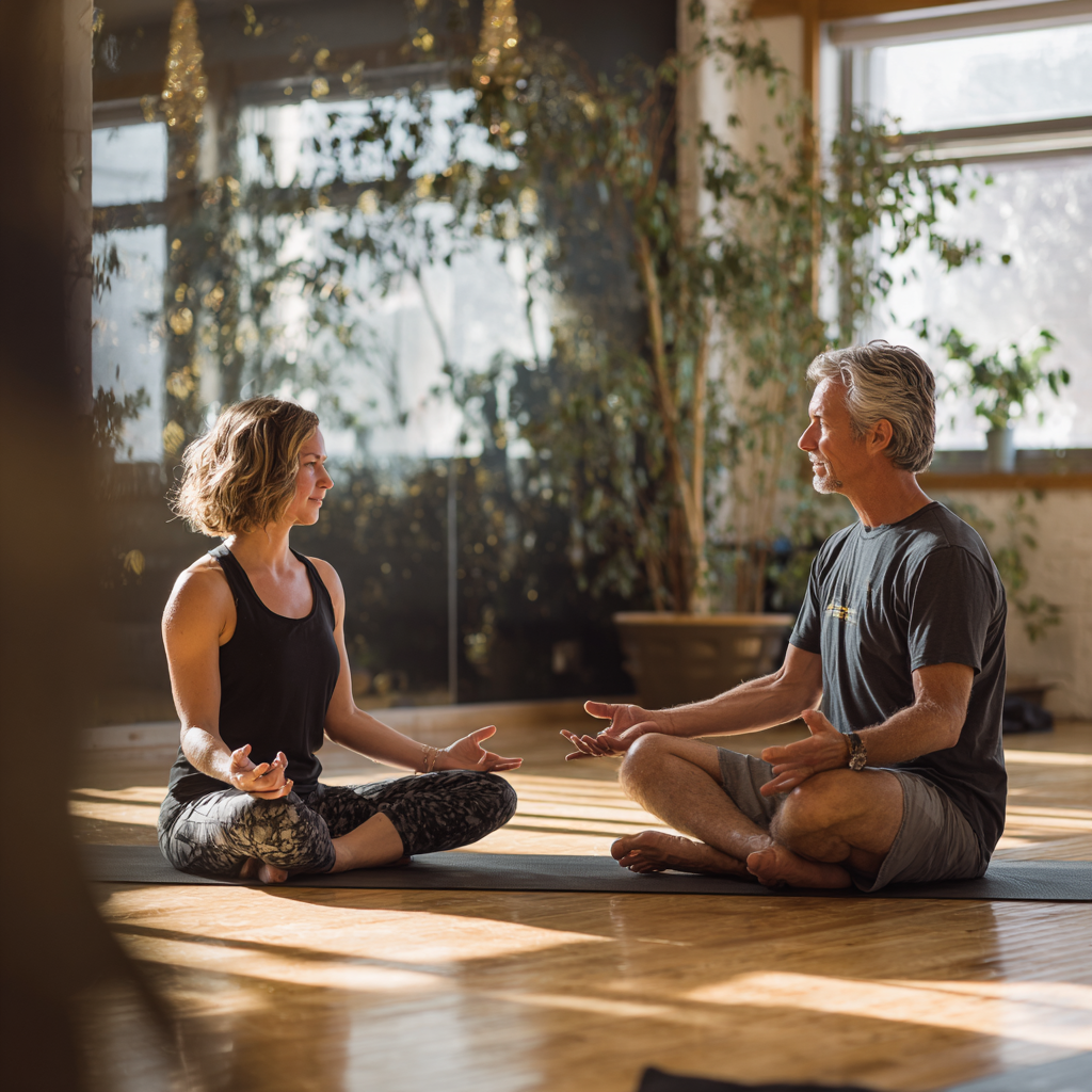 Инструктор на 51 години обяснява йога пози на начинаещ ученик в светла и приятна зала