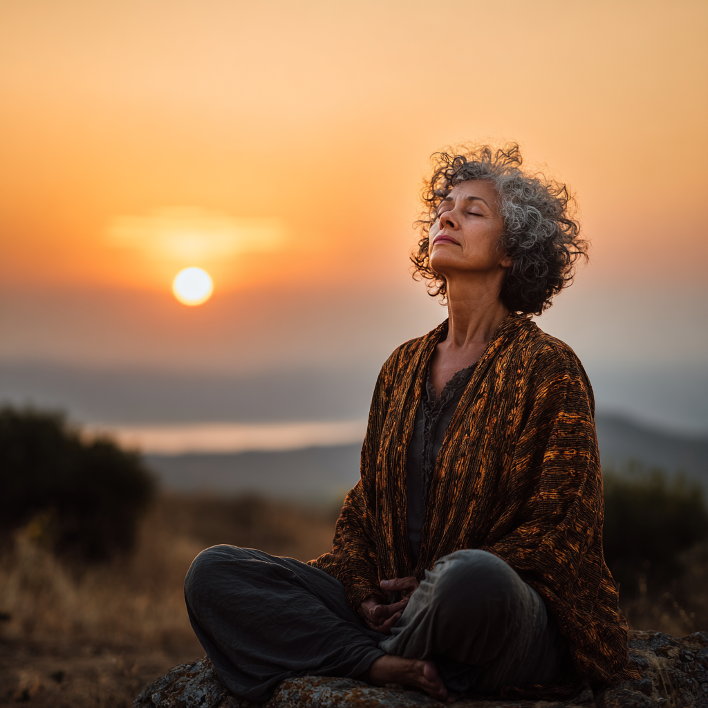 Жена на 52 години медитира в природа при изгрев, излъчва спокойствие и вътрешна хармония