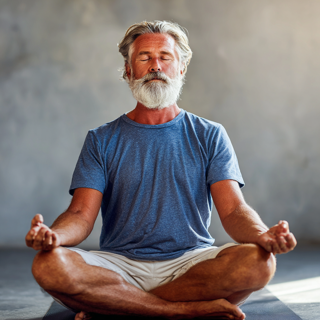 Мъж на 58 години със спокойно лице прави нежна йога поза, демонстрира как йогата е подходяща за всички възрасти